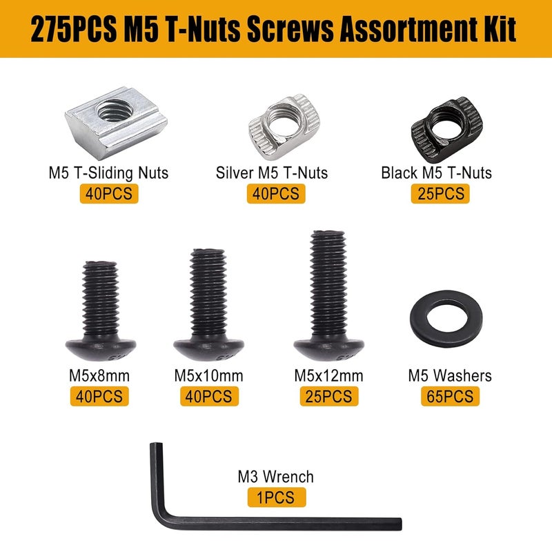 weideer 275PCS M5 T-Nuts Screws Assortment Kit,M5 T-Sliding Nut Hexagon Socket Screw T-Nuts Washers for Mlok Screws and Nuts Replacement Sets for 2020 Series Aluminum - Image 2